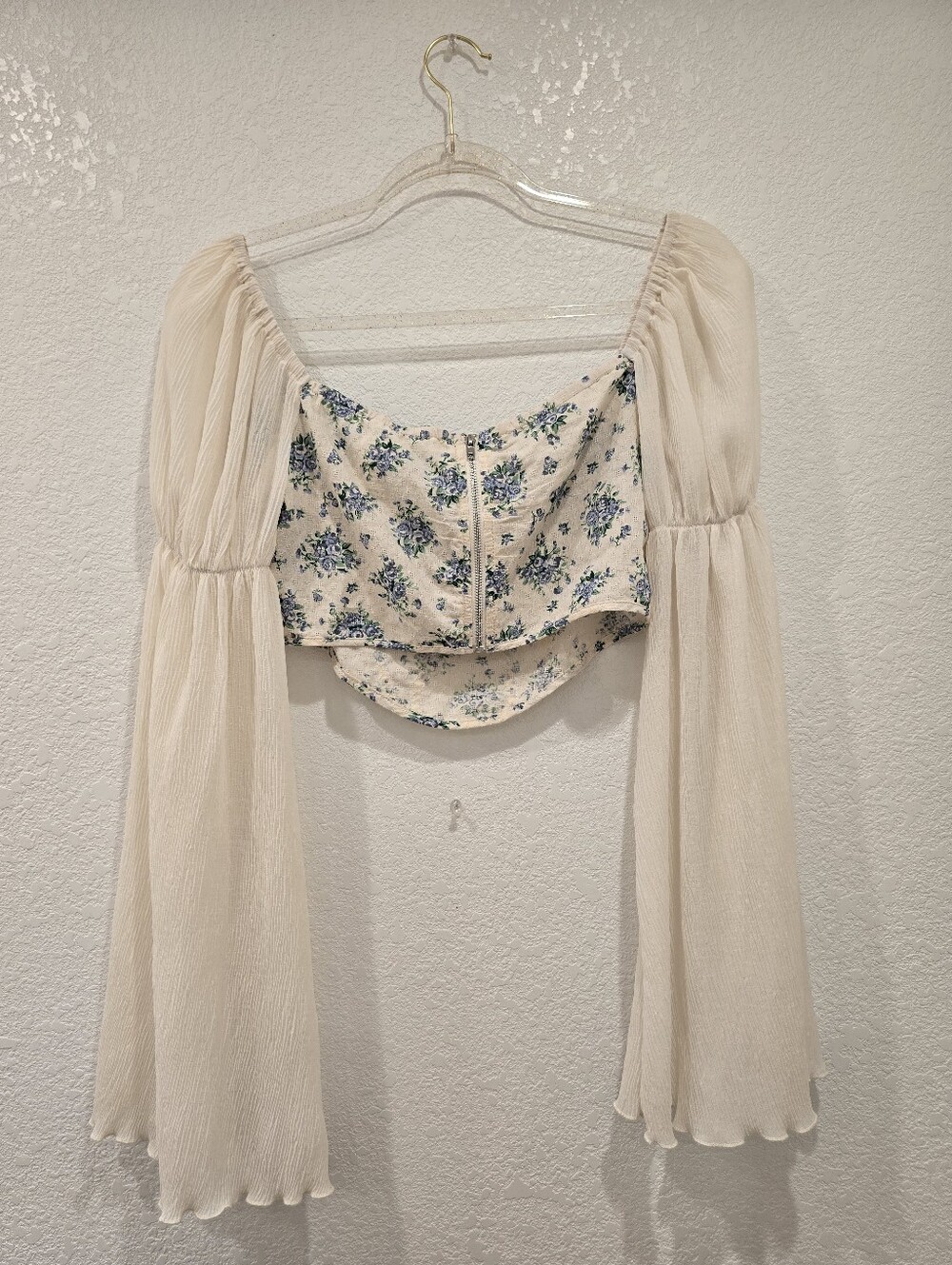 Cider floral corset crop top with sheer flared sleeves  S Cream Blue - Picture 3 of 6